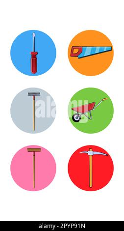Set di sei icone rotonde per l'attuale con diversi utensili da costruzione per la riparazione di un cacciavite ha visto un piccone del carrello rastrello su una b bianca Illustrazione Vettoriale
