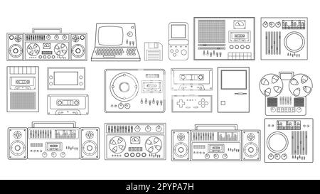 Set di nero e bianco vecchio retrò tecnologia elettronica hipster: Registratore cassette audio a nastro, computer, console di gioco per videogiochi dal 70s, Illustrazione Vettoriale