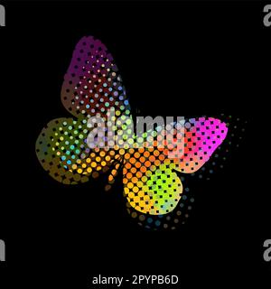 Farfalla multicolore da cerchi. Sfondo scuro. Pixel arcobaleno semplice farfalla. Illustrazione vettoriale. bella farfalla Illustrazione Vettoriale