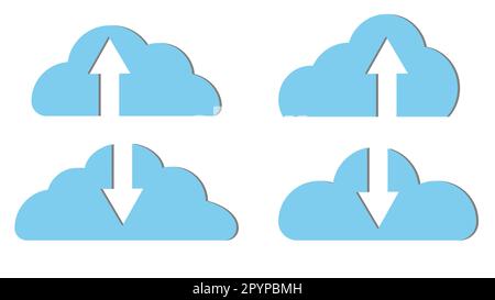 Set di quattro belle icone nuvola digitale blu semplice con frecce download. Concetto: Tecnologie e servizi cloud, archiviazione remota delle informazioni. V Illustrazione Vettoriale