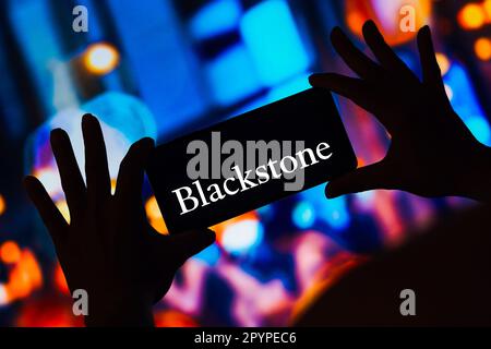 In questa illustrazione, il logo Blackstone Group viene visualizzato sullo schermo di uno smartphone. Foto Stock