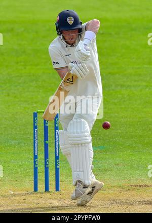 Incora Derbyshire County Cricket Ground, Derby, Regno Unito, 4 -7 maggio 2023. Derbyshire County Cricket Club / Leicestershire County Cricket Club nel LC= Inter County Cricket Championships 2023 Harry Came (Derbyshire) batting. Foto: Mark Dunn/Alamy, Foto Stock