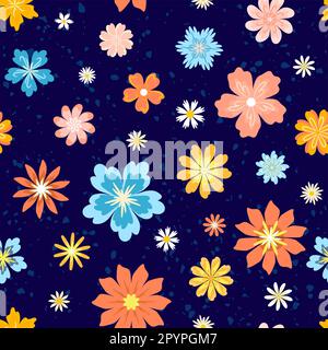 Margherite retro groovy su sfondo blu scuro Illustrazione Vettoriale
