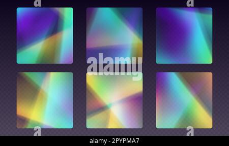 Adesivi a rifrazione cristallina, bagliore, effetto luce solare arcobaleno, riflessi olografici a forma rettangolare arrotondata. Illustrazione Vettoriale