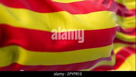 Particolare della bandiera della Catalogna che sventola nel vento. La Catalogna è una comunità autonoma della Spagna. Quattro strisce rosse su un campo giallo. 3d illustrazione re Foto Stock