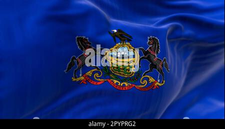 Primo piano dell'ondeggiamento della bandiera dello stato della Pennsylvania. Campo blu con stemma: Scudo tra i cavalli, aquila in cima. 3d rappresentazione dell'illustrazione. Testurizzato Foto Stock