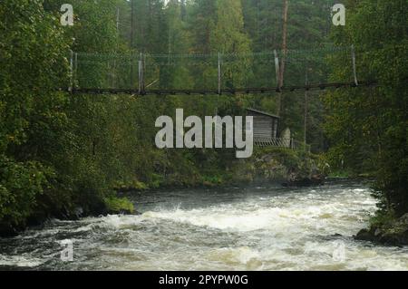 Ponte sospeso alle Myllykoski Rapids nel Parco Nazionale di Oulanka Finlandia in una giornata estiva Foto Stock