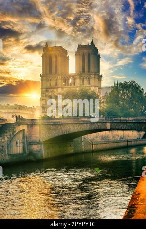 Siene river e la Cattedrale di Notre Dame de Paris Foto Stock