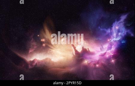 Una nebulosa grande e luminosa, con nuove stelle in formazione. Composizione fotografica. Foto Stock
