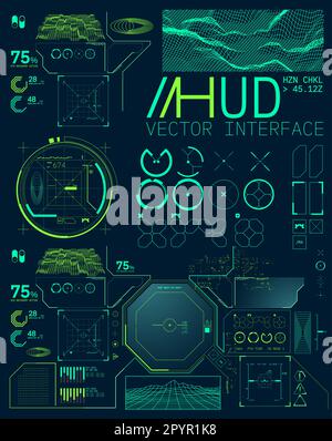 Set futuristico di elementi display HUD per interfaccia utente cyberpunk. Illustrazione vettoriale Illustrazione Vettoriale