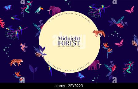 Elementi di design della foresta pluviale di mezzanotte e illustrazione del vettore di layout. Illustrazione Vettoriale