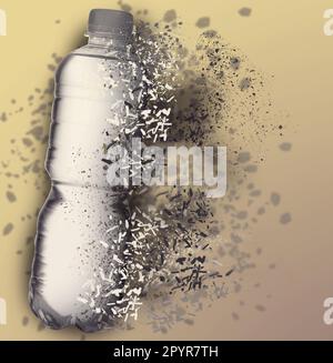 Bottiglia d'acqua che svanisce su sfondo colorato. Decomposizione dell'inquinamento plastico Foto Stock