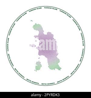 Logo rotondo di Pangkor Island. Forma in stile digitale dell'isola di Pangkor in un cerchio punteggiato con il nome dell'isola. Icona tecnica con punti graduati. Illustrazione Vettoriale