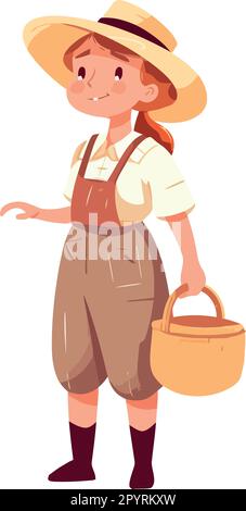 Contadino sorridente tenendo frutta nel cesto su bianco Illustrazione Vettoriale