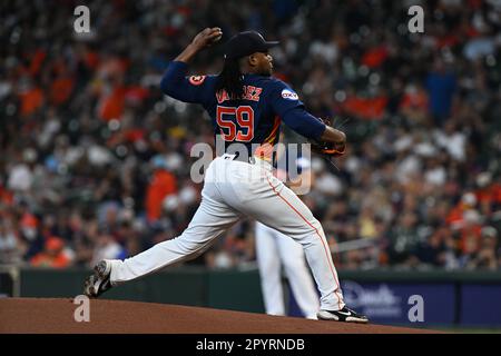 Houston Astros Pitcher iniziale Framber Valdez (59) durante la partita MLB tra i San Francisco Giants e gli Houston Astros Mercoledì 3 maggio 202 Foto Stock