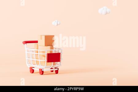 Un carrello pieno di scatole su sfondo giallo, rendering 3D. Disegno digitale. Foto Stock