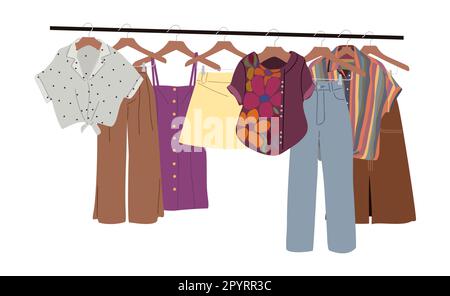Vestiti colorati appesi su grucce su vettore rack. Illustrazione Vettoriale
