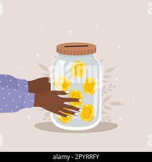 Concetto di donazione di denaro. Le mani femminili africane che tengono il vaso di vetro pieno di monete d'oro. Giornata internazionale di beneficenza. Concetto di raccolta fondi. Cartoon vettoriale Illustrazione Vettoriale
