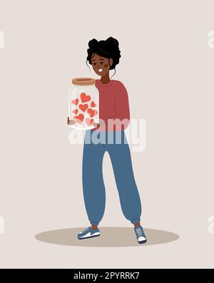 Concetto di donazione e beneficenza. Donna africana che tiene in mano vaso di vetro con cuori rossi. Regala e condividi il tuo amore. Sostegno e speranza per i senzatetto e. Illustrazione Vettoriale