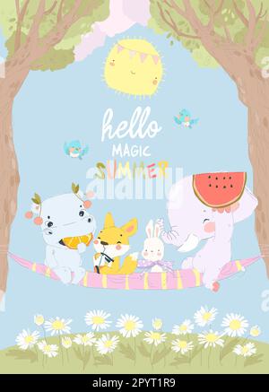 Carini Cartoon animali godersi l'estate in Big Hammock Illustrazione Vettoriale