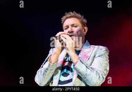 Leeds, Regno Unito. 4th maggio, 2023. Simon le Bon, cantante della band britannica Duran Duran, suona dal vivo alla Leeds Arena. Picture Credit: ernesto rogata/Alamy Live News Foto Stock