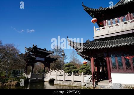 Mannheim, Germania. 27th Feb, 2023. Un edificio sorge nel Giardino Cinese del Luisenpark. La torre di telecomunicazioni di Mannheim è visibile sullo sfondo. Credit: Uwe Anspach/dpa/Alamy Live News Foto Stock