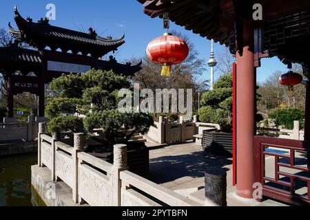 Mannheim, Germania. 27th Feb, 2023. Un edificio sorge nel Giardino Cinese del Luisenpark. La torre di telecomunicazioni di Mannheim è visibile sullo sfondo. Credit: Uwe Anspach/dpa/Alamy Live News Foto Stock