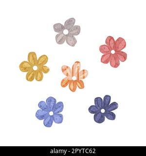 Illustrazione ad acquerello di fiori di una forma semplice di colori giallo, arancione, rosso e blu evidenziati su uno sfondo bianco dell'infanzia, divertente Foto Stock