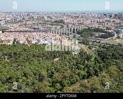 Splendida vista aerea sul parco verde e sul vecchio acquedotto storico Foto Stock