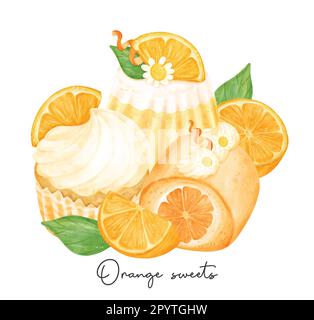gruppo di dolci di arancia casalinga favor con frutta composizione acquerello illustrazione banner vettoriale isolato su sfondo bianco. Illustrazione Vettoriale