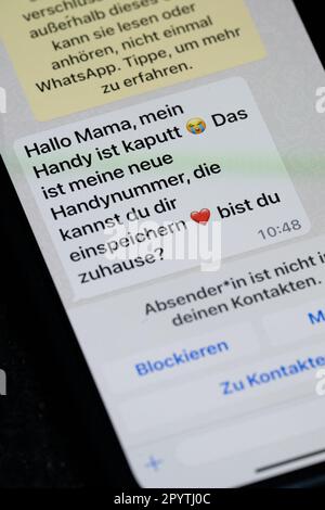 Fulda, Germania. 09th Feb, 2023. ILLUSTRAZIONE - sul display di uno smartphone è presente un messaggio Whats App che riproduce a toni i messaggi fraudolenti utilizzati per ottenere denaro. Credit: Sebastian Gollnow/dpa/Alamy Live News Foto Stock