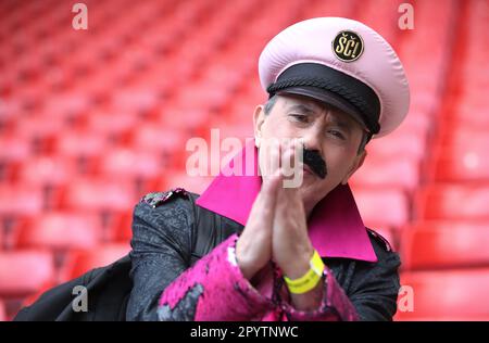 Liverpool, Regno Unito. 04th maggio, 2023. Gruppo Let 3 con la delegazione croata Eurovision ha visitato lo stadio Anfield, a Liverpool, Inghilterra, il 04 maggio 2023. Foto: Sanjin Strukic/PIXSELL Credit: Pixsell/Alamy Live News Foto Stock