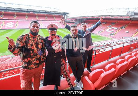 Liverpool, Regno Unito. 04th maggio, 2023. Gruppo Let 3 con la delegazione croata Eurovision ha visitato lo stadio Anfield, a Liverpool, Inghilterra, il 04 maggio 2023. Foto: Sanjin Strukic/PIXSELL Credit: Pixsell/Alamy Live News Foto Stock