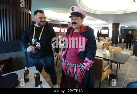 Liverpool, Regno Unito. 04th maggio, 2023. Gruppo Let 3 con la delegazione croata Eurovision ha visitato lo stadio Anfield, a Liverpool, Inghilterra, il 04 maggio 2023. Foto: Sanjin Strukic/PIXSELL Credit: Pixsell/Alamy Live News Foto Stock