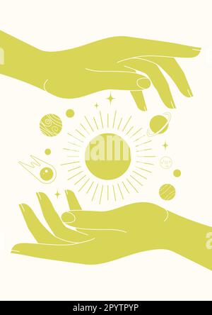 Gli elementi celesti dell'universo nelle mani stampano l'illustrazione. Carta Tarocchi Illustrazione Vettoriale