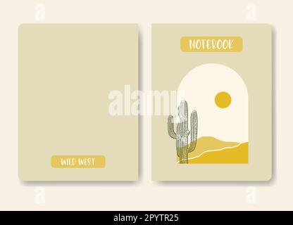Copertina dal design minimalista con cactus nel deserto notturno. Decorazioni in stile bohémien. Illustrazione Vettoriale