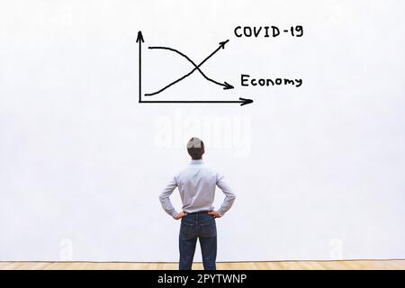 Concetto di crisi econimica dovuto al coronavirus COVID-19 diffuso nel mondo, virus curva in alto, economia in basso, disegno su muro bianco Foto Stock