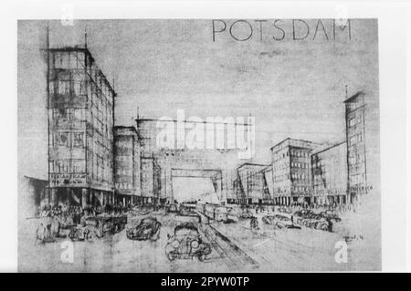 Arno Neumann, architetto della città di Potsdam, che desiderava costruire un magistrale a sei corsie con un'enorme porta di accesso dal deserto delle macerie di Potsdam nel centro.disegno di R.Ullrich 1946. architettura. Urbanistica.Foto: MAZ/Werner Alexander [traduzione automatica] Foto Stock