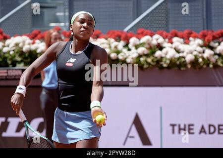 Madrid, Spagna. 05th maggio, 2023. Tennis: Mutua Madrid Torneo di tennis aperto - Madrid, Doppia partita, semifinale, Donne: Jessica Pegula (USA) e Coco Gauff (USA) V Marta Kostyuk (UKR) e Elena-Gabriela Ruse (ROU). Credit: EnriquePSans/Alamy Live News Foto Stock