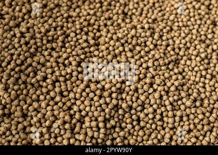 Mangimi per la pesca per mangimi per pesci. Pellet di mangime per pesci, primo piano di textur granulato di cibo per pesci Foto Stock