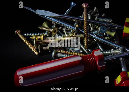 Il cacciavite, le viti sono utensili per la riparazione e il collegamento di parti in legno, utilizzati in particolare dai falegnami. Foto Stock