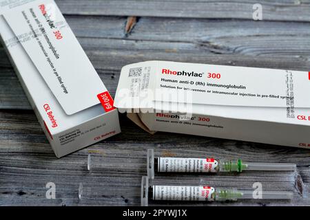 Cairo, Egitto, maggio 2 2023: Immunoglobulina umana anti-D (Rh) Rhophylac 300 μg microgrammi 1500 UI per iniezione endovenosa o IM per la prevenzione di immuniza Rh(D) Foto Stock