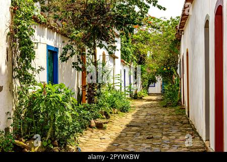 Bella strada della città storica di Paraty con i suoi ciottoli e vecchie case in stile coloniale con una facciata decorata con piante e fiori Foto Stock