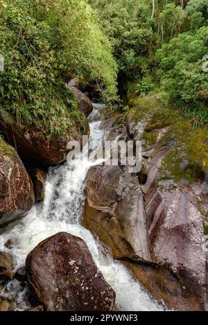 Piccola cascata tra le rocce e la vegetazione naturale della foresta pluviale brasiliana a Itatiaia, Rio de Janeiro, Parque Nacional do Itatiaia Foto Stock