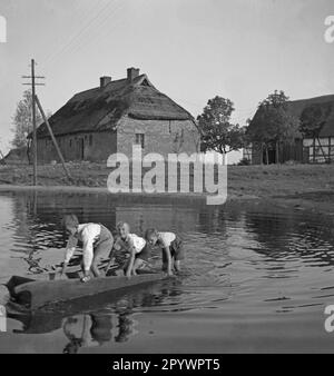 Tre ragazzi cavalcano una canoa su un laghetto. Sullo sfondo è una fattoria in Pomerania. Foto non datata, probabilmente negli anni '1930s. Foto Stock