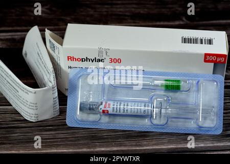 Cairo, Egitto, maggio 2 2023: Immunoglobulina umana anti-D (Rh) Rhophylac 300 μg microgrammi 1500 UI per iniezione endovenosa o IM per la prevenzione di immuniza Rh(D) Foto Stock