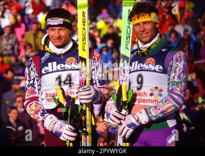 SKI ALPIN STAGIONE 90/91 WM 1991 Saalbach-Hinterglemm combinazione uomini 30.01.1991 Stephan EBERHARTER (a sinistra) e Guenter MADER (a destra entrambi AUT) xxNOxMODELxRELEASExx [traduzione automatica]- AUSTRIA OUT Foto Stock