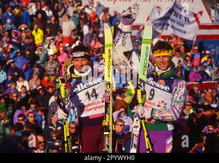 SKI ALPIN STAGIONE 90/91 WM 1991 Saalbach-Hinterglemm combinazione uomini 30.01.1991 Stephan EBERHARTER (a sinistra) e Guenter MADER (a destra entrambi AUT) xxNOxMODELxRELEASExx [traduzione automatica]- AUSTRIA OUT Foto Stock