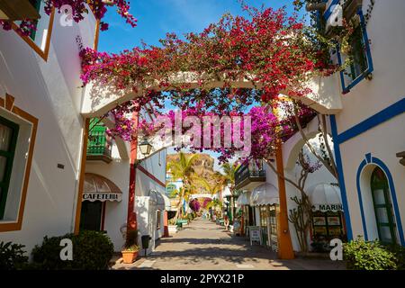 Case bianche, decorazioni floreali, lanterne, vicolo, archi in pietra, Negozi, Venezia di Gran Canaria, Puerto de Mogan, Costa sud-occidentale, Gran Foto Stock