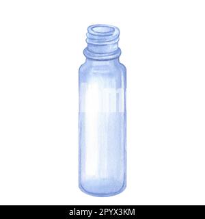 Flacone cosmetico in vetro blu trasparente vuoto. Illustrazione ad acquerello a disegno a mano isolata su sfondo bianco. Confezione di prodotti di bellezza per la cura della pelle. Foto Stock